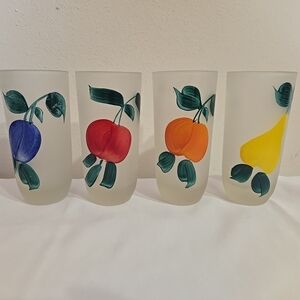 Vintage Set Of 4 Frosted Juice Glasses Hand Painted From 1940's